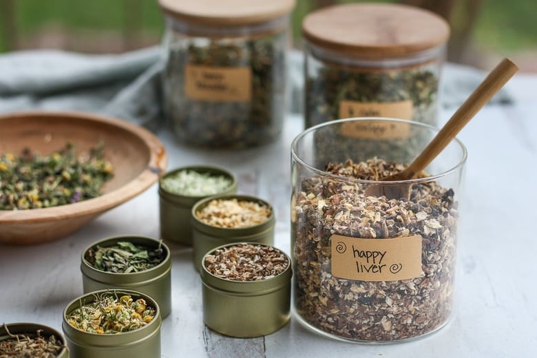 liver tea herbal blend in a jar.