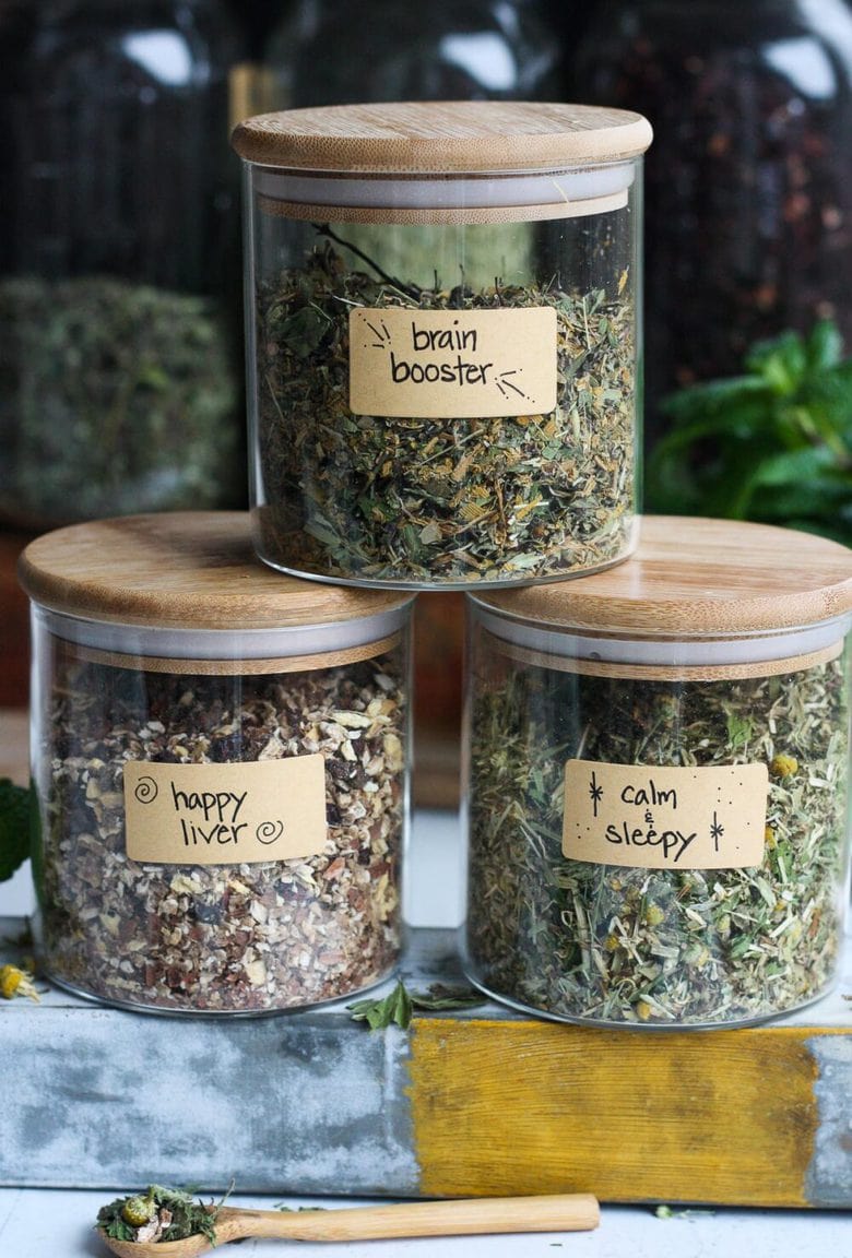 The Benefits of drinking Herbal Tea plus 3 Herbal Tea Recipes you can make at home for sleep, brain function and liver support. Easy and adaptable, these herbal tea blends are nutritive and soothing. #herbaltea #tea #herbtea