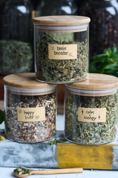The Benefits of drinking Herbal Tea plus 3 Herbal Tea Recipes you can make at home for sleep, brain function and liver support. Easy and adaptable, these herbal tea blends are nutritive and soothing. #herbaltea #tea #herbtea