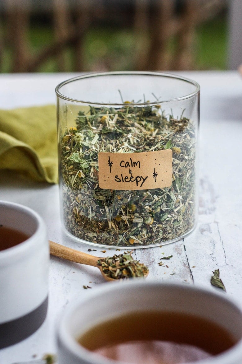 Calm and Sleepy Tea | The Benefits of drinking Herbal Tea plus 3 Herbal Tea Recipes you can make at home for sleep, brain function and liver support. Easy and adaptable, these herbal tea blends are nutritive and soothing. #herbaltea #tea #herbtea