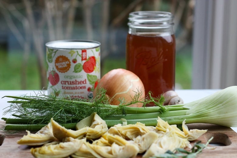 simple pantry ingredients in Tomato Artichoke soup 