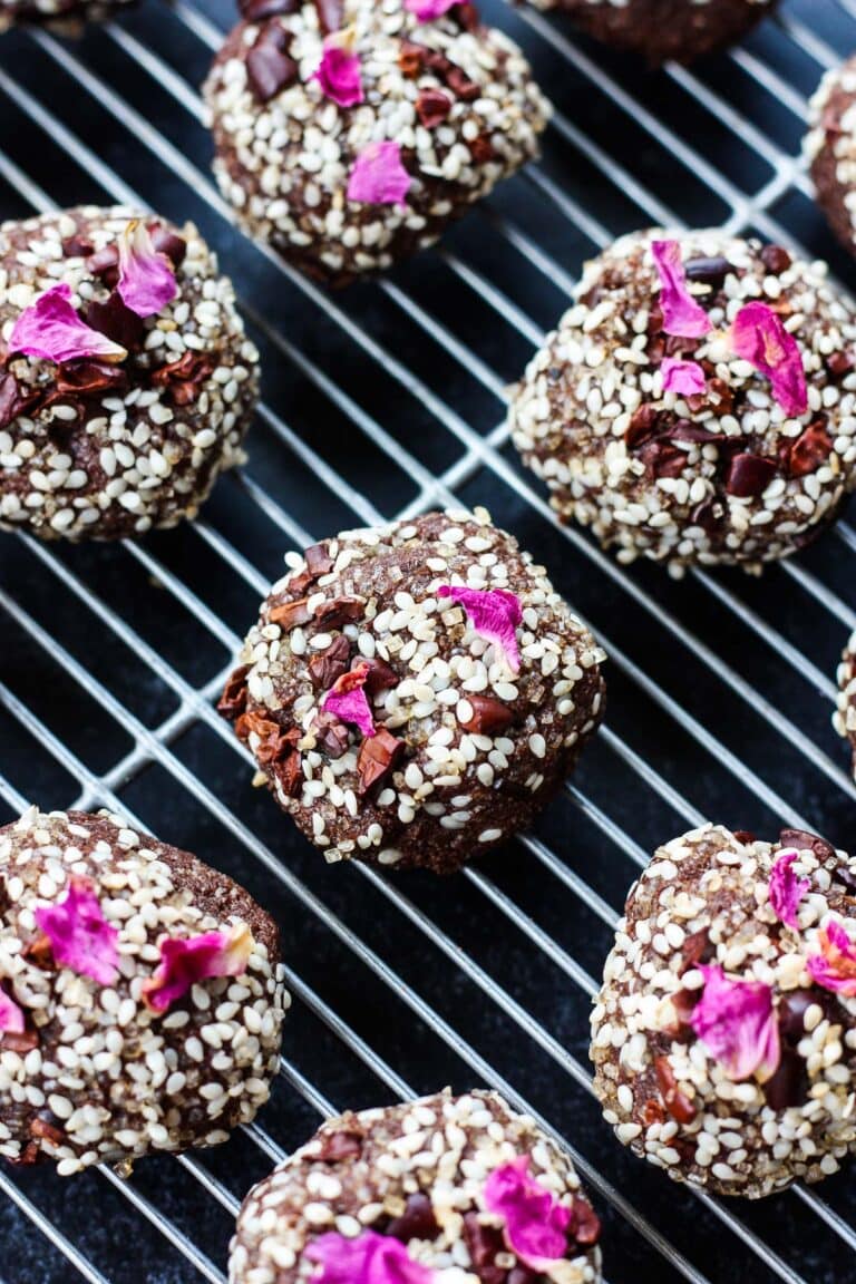 Chocolate Sesame Cookies with rose petals.