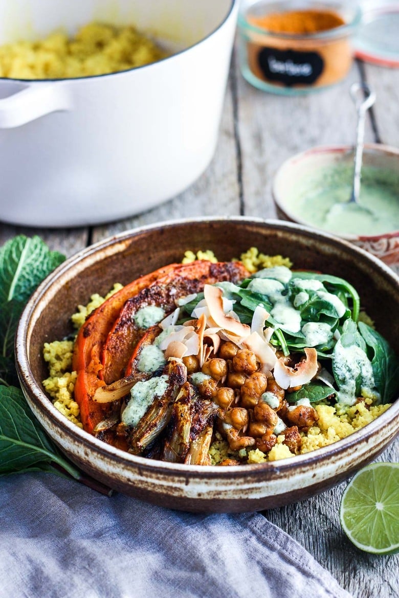 Here is one of our favorite millet recipes!  Coconut Millet Bowls with berbere-spiced kabocha squash, chickpeas, shallots, and spinach, drizzled with a coconut lime sauce. Packed full of flavor this vegan, plant-based meal,  is wholesome and nourishing!