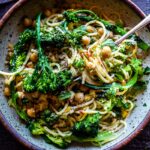 Pasta with Broccolini, Preserved Lemon and Chickpeas - punchy and bright and comes together quickly and easily - on the table in under 30 minutes!  A tasty healthy weeknight dinner! #spaghetti #broccolipasta #broccolini