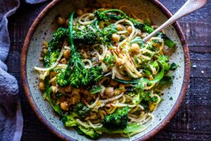 Pasta with Broccolini, Preserved Lemon and Chickpeas - punchy and bright and comes together quickly and easily - on the table in under 30 minutes!  A tasty healthy weeknight dinner! #spaghetti #broccolipasta #broccolini