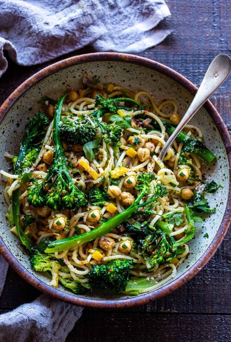 This simple Pasta with Broccolini, Preserved Lemon and Chickpeas is punchy and bright and comes together quickly and easily - on the table in under 30 minutes!  A tasty healthy weeknight dinner! #spaghetti #broccolipasta #broccolini