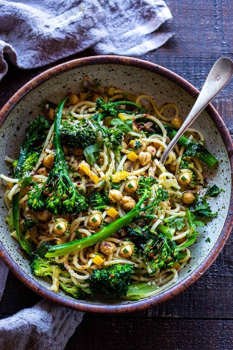 This simple Pasta with Broccolini, Preserved Lemon and Chickpeas is punchy and bright and comes together quickly and easily - on the table in under 30 minutes!  A tasty healthy weeknight dinner! #spaghetti #broccolipasta #broccolini 