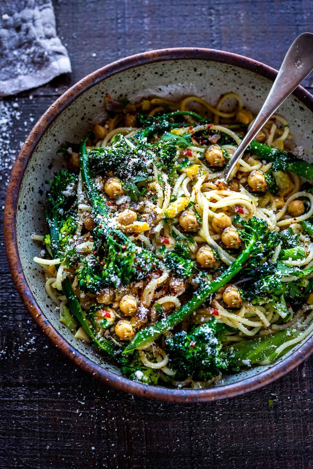 This simple Pasta with Broccolini, Preserved Lemon and Chickpeas is punchy and bright and comes together quickly and easily - on the table in under 30 minutes!  A tasty healthy weeknight dinner! #spaghetti #broccolipasta #broccolini