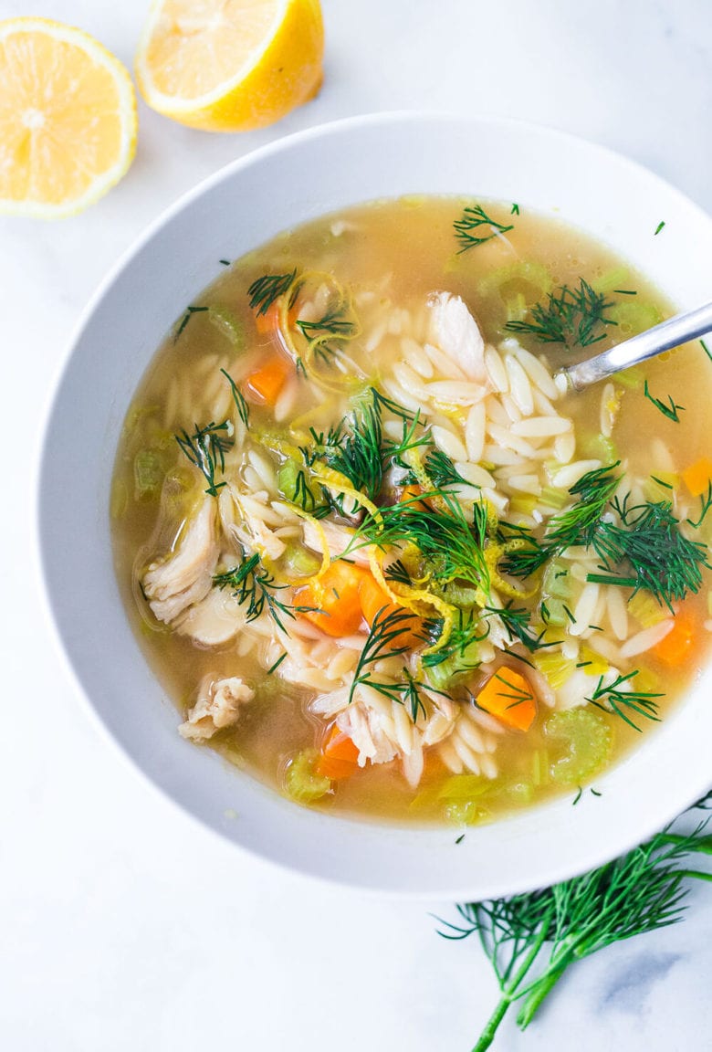 Lemony Chicken Orzo Soup with Dill- a simple easy recipe that can be made with leftover chicken. Healthy, zesty and flavorful! #chickenorzosoup #orzo #chickensoup #dill #orzorecipes #recipe #healthyrecipe #broth