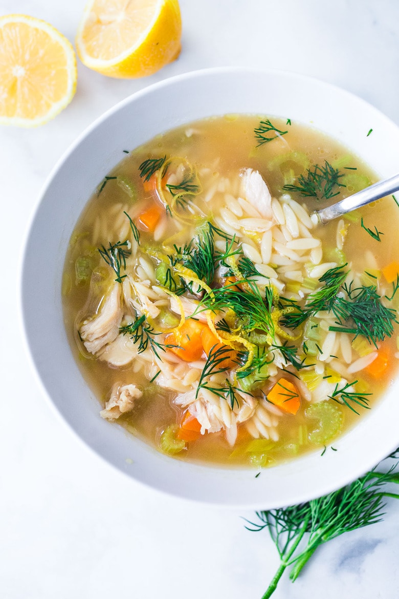 30 Spring Recipes: Lemony Chicken Orzo Soup with Dill- a simple easy recipe that can be made with leftover chicken. Healthy, zesty and flavorful! #chickenorzosoup #orzo #chickensoup #dill #orzorecipes #recipe #healthyrecipe #broth