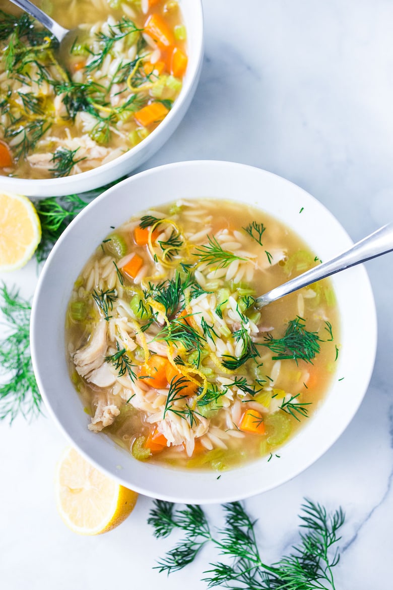 Lemony Chicken Orzo Soup with Dill- a simple easy recipe that can be made with leftover chicken. Healthy, zesty and flavorful! #chickenorzosoup #orzo #chickensoup #dill #orzorecipes #recipe #healthyrecipe #broth