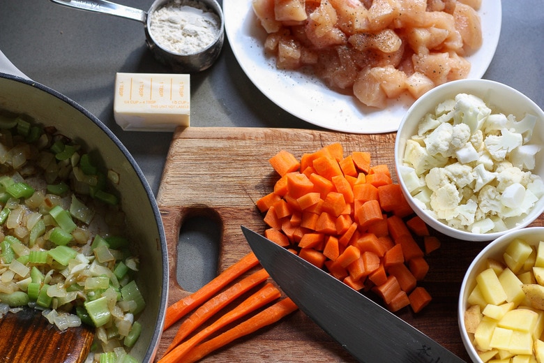 prepping ingredients for chicken pot pie