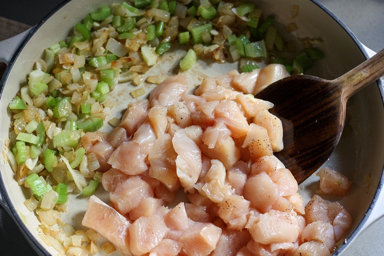 sauteeing ingredients for chicken pot pie