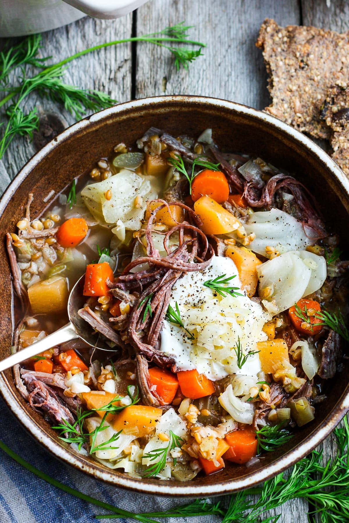 corned beef and cabbage stew in a bowl.