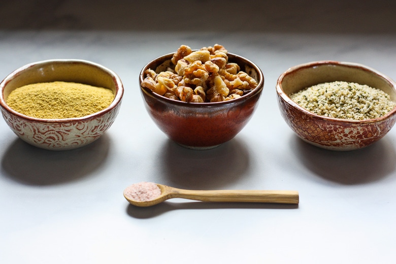 ingredients in vegan parmesan sprinkle - hemp, walnuts and nutritional yeast