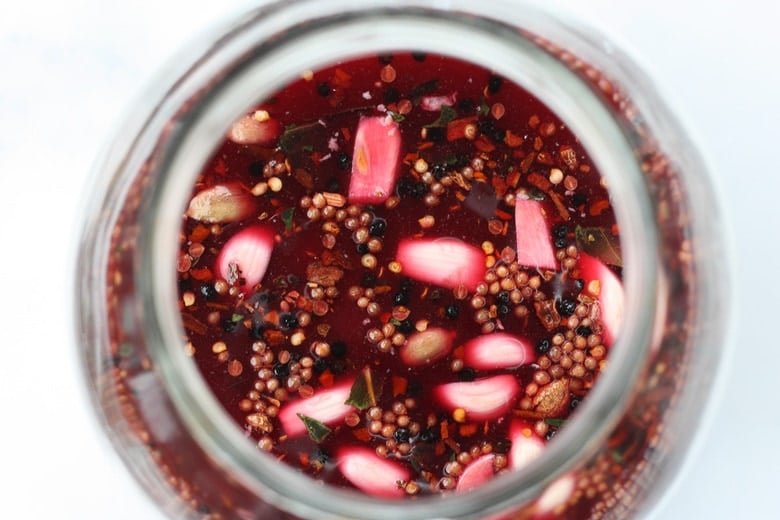 pour in the celery. juice, beet juice and kraut brine