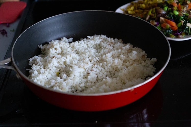 When stir frying the rice- use a wide non-stick pan.