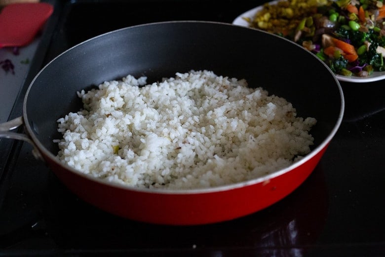 When stir frying the rice- use a wide non-stick pan. 