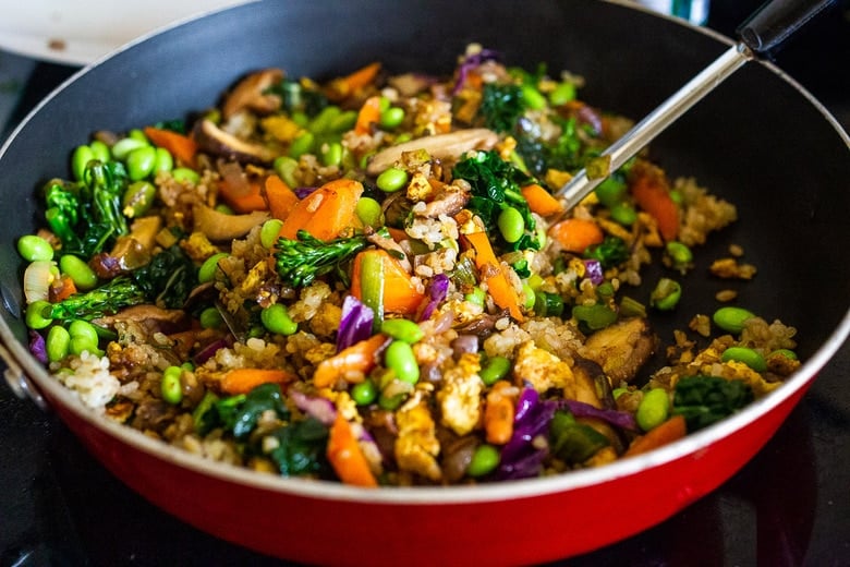 Vegetable Fried Rice, made with seasonal veggies and edamame! A highly adaptable recipe that can be made vegan, vegetarian or add chicken or shrimp. 