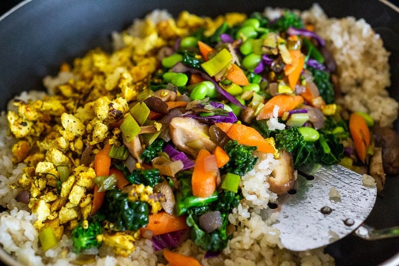 Vegetable Fried Rice, made with seasonal veggies! A highly adaptable recipe that can be made vegan, vegetarian or add chicken or shrimp. 