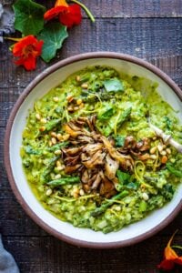 Lemony Asparagus Risotto with leeks and basil-light and creamy with vibrant color and flavor, perfect for spring! A tasty vegetarian meal, or beautiful base for fish, seafood or mushrooms!  #asparagus #risotto #springrecipes