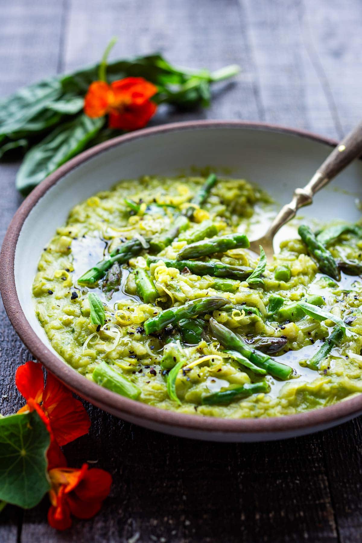asparagus risotto in a bowl. 