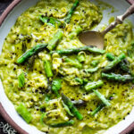 Lemony Asparagus Risotto with leeks and basil-light and creamy with vibrant color and flavor, perfect for spring! #risotto #asparagus #vegetarian #vegan