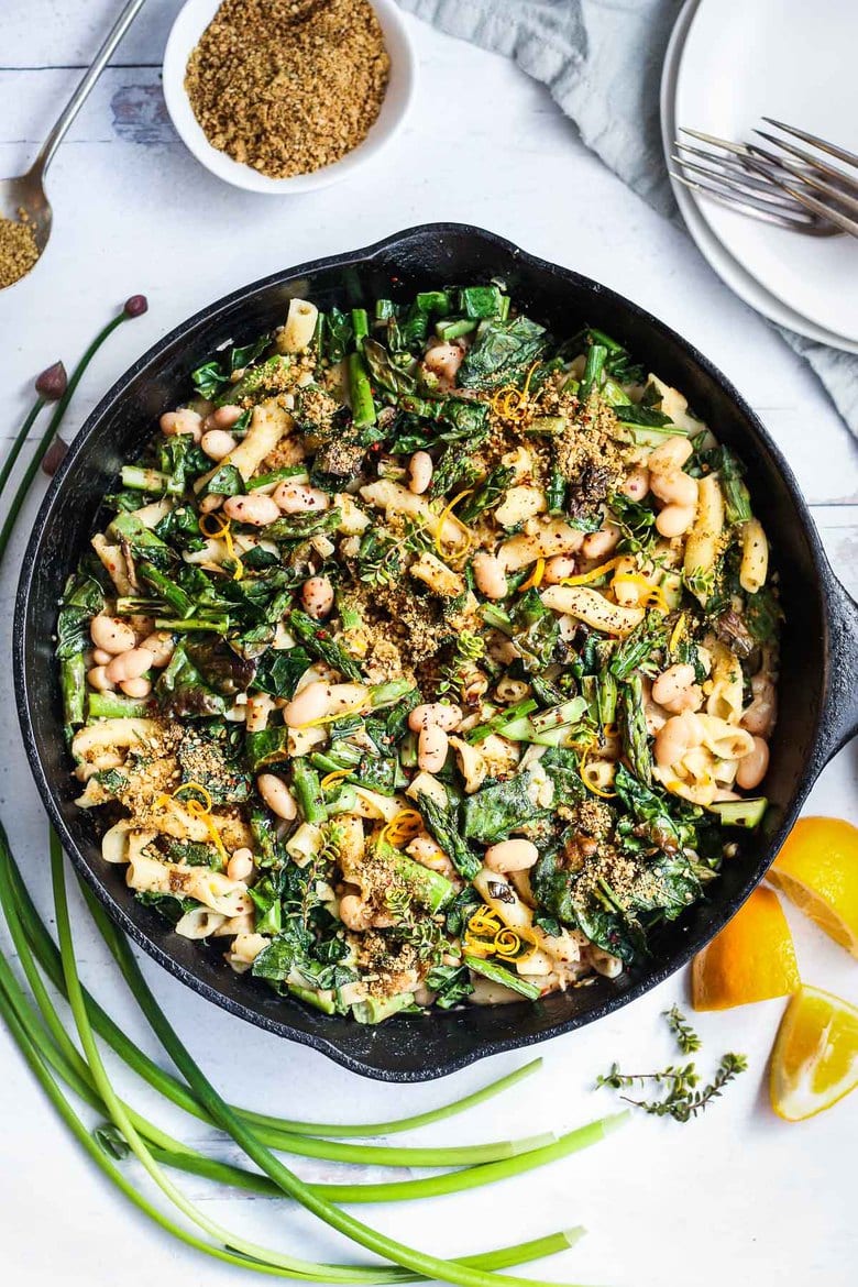 Charred Asparagus Kale Pasta with a creamy, lemony, Cannellini Bean Leek Sauce.  This healthy, vegan pasta comes together in less than 30 minutes! 