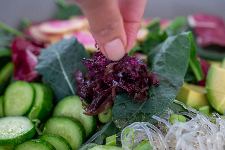 layering the Spirulina salad 