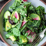 Inspired by the sea, this Spirulina Sea Salad features kelp noodles, dulse ribbons and an addicting Spirulina Dressing tossed with seasonal greens, avocado, cucumber, radish and optional smoked ahi or smoked salmon. Vegan adaptable and Low-carb. #spirulina #salad #vegansalad #dulse #kelpnoodles