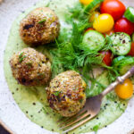 Zaatar Meatballs with Green Tahini Sauce can be made with ground turkey, chicken, lamb or beef. A quick, low carb meal that is full of flavor. #meatballs #zaatar