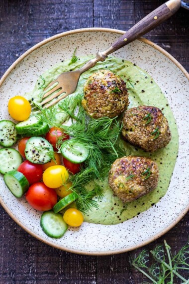 Zaatar Meatballs with Green Tahini Sauce can be made with ground turkey, chicken, lamb or beef. A quick, low carb meal that is full of flavor. #meatballs #zaatar