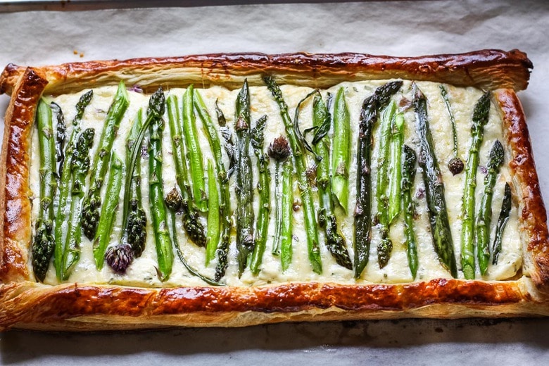 baked asparagus tart with golden puff pastry crust