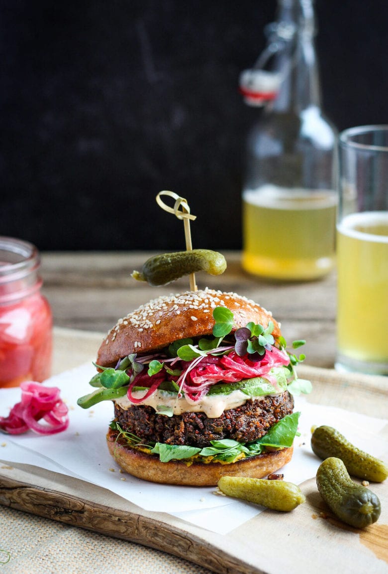 Packed with nutritious ingredients, this Chickpea Quinoa Veggie Burger is full of savory delicious flavor and satisfying texture.  Great with a variety of toppings. Vegetarian and Gluten-free, Vegan-adaptable! #veggieburger #chickpeaburger