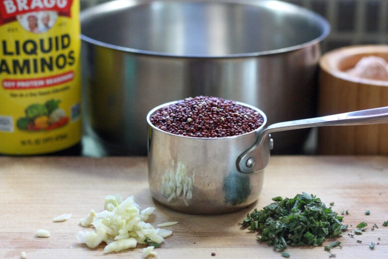 A cup of red quinoa.