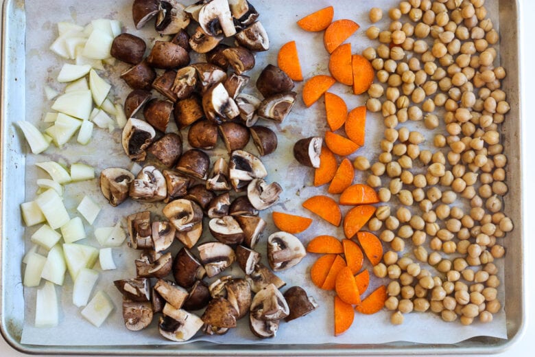 Vegetables on a pan ready to roast.