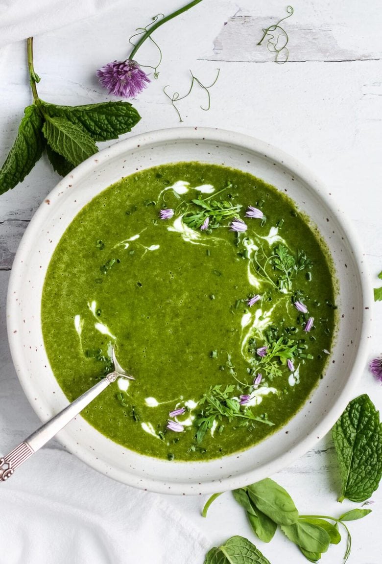 Creamy Vegan Spinach Soup, velvety smooth with a refreshing hint of mint. Simple clean ingredients create a deeply nourishing and delicious soup that is dairy-free. Vegan and Gluten-free. Serve warm or chilled. #spinachsoup