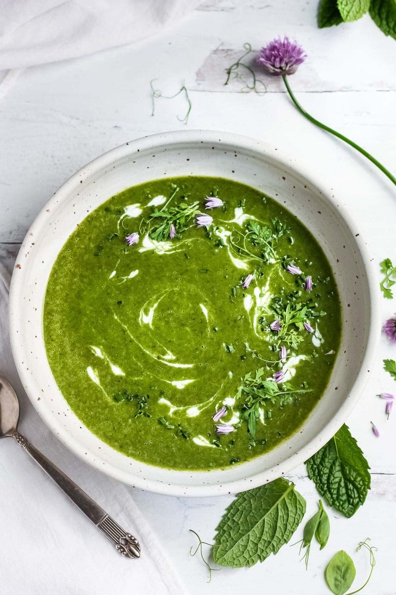 Creamy Vegan Spinach Soup, velvety smooth with a refreshing hint of mint.  Simple clean ingredients create a deeply nourishing and delicious soup that is dairy-free.  Vegan and Gluten-free. Serve warm or chilled. #spinachsoup
