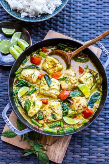 This recipe for Thai Fish Curry with Coconut Milk is brimming with seasonal veggies and bursting with delicious Thai flavors. A quick and easy dinner, perfect for both weeknights and special occasions.  #thaifishcurry