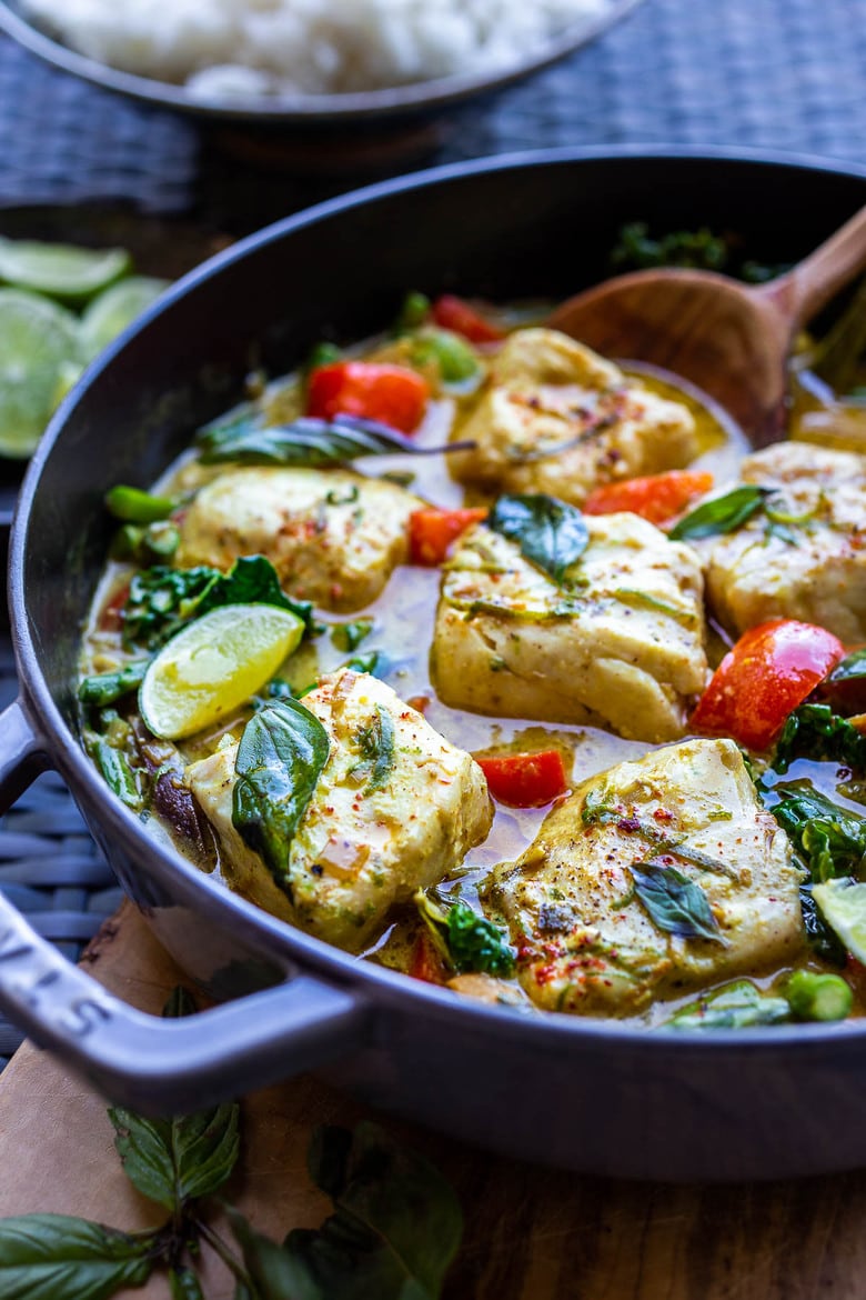 This recipe for Thai Fish Curry with Coconut Milk is brimming with seasonal veggies and bursting with delicious Thai flavors. A quick and easy dinner, perfect for both weeknights and special occasions.  #thaifishcurry 