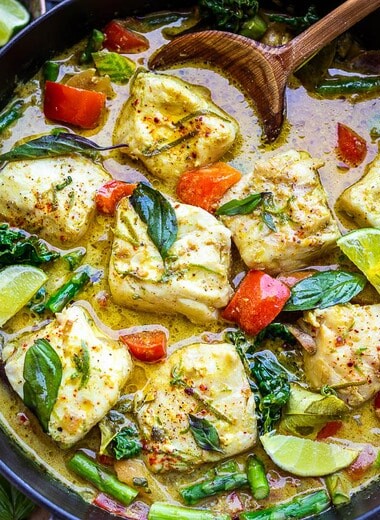 This recipe for Thai Fish Curry with Coconut Milk is brimming with seasonal veggies and bursting with delicious Thai flavors. A quick and easy dinner, perfect for both weeknights and special occasions.  #thaifishcurry