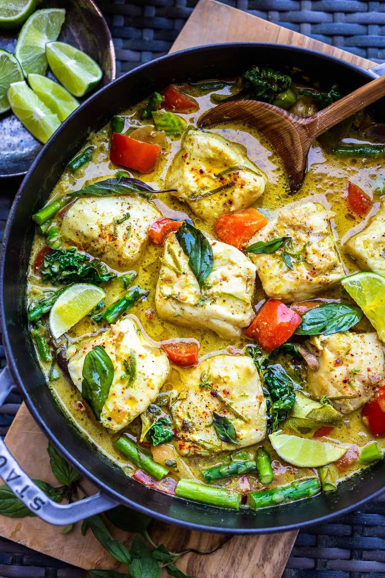 This recipe for Thai Fish Curry with Coconut Milk is brimming with seasonal veggies and bursting with delicious Thai flavors. A quick and easy dinner, perfect for both weeknights and special occasions.  #thaifishcurry 