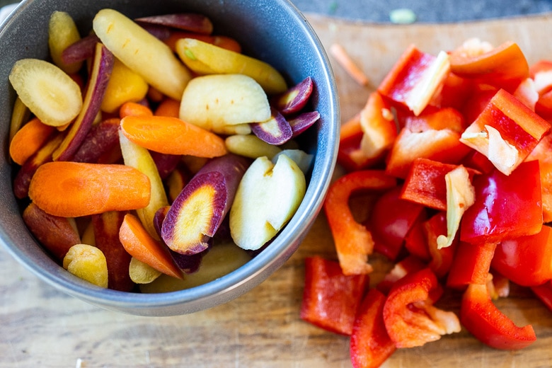 prepping carrots and bell pepper