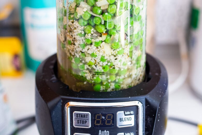 Blend the sauce ingredients in a blender for creamy pea pasta.