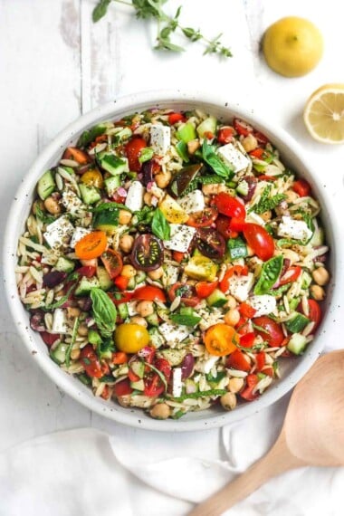 This healthy Greek Pasta Salad is the perfect make-ahead pasta salad for summertime picnics, bbqs, potlucks and easy dinners.  A hearty ratio of fresh veggies combined with tender orzo pasta, chickpeas tossed in the tastiest Greek salad dressing.#greekpastasalad