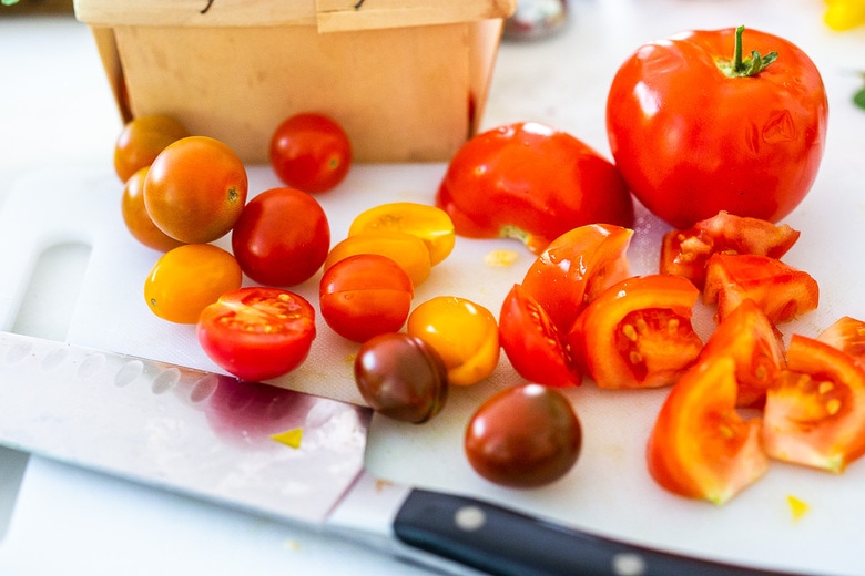 halve the cherry tomatoes 