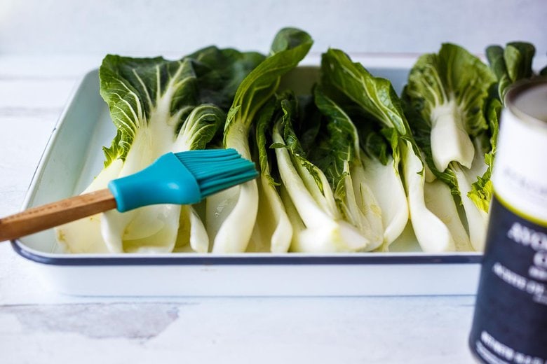 brushing Bok Choy with oil