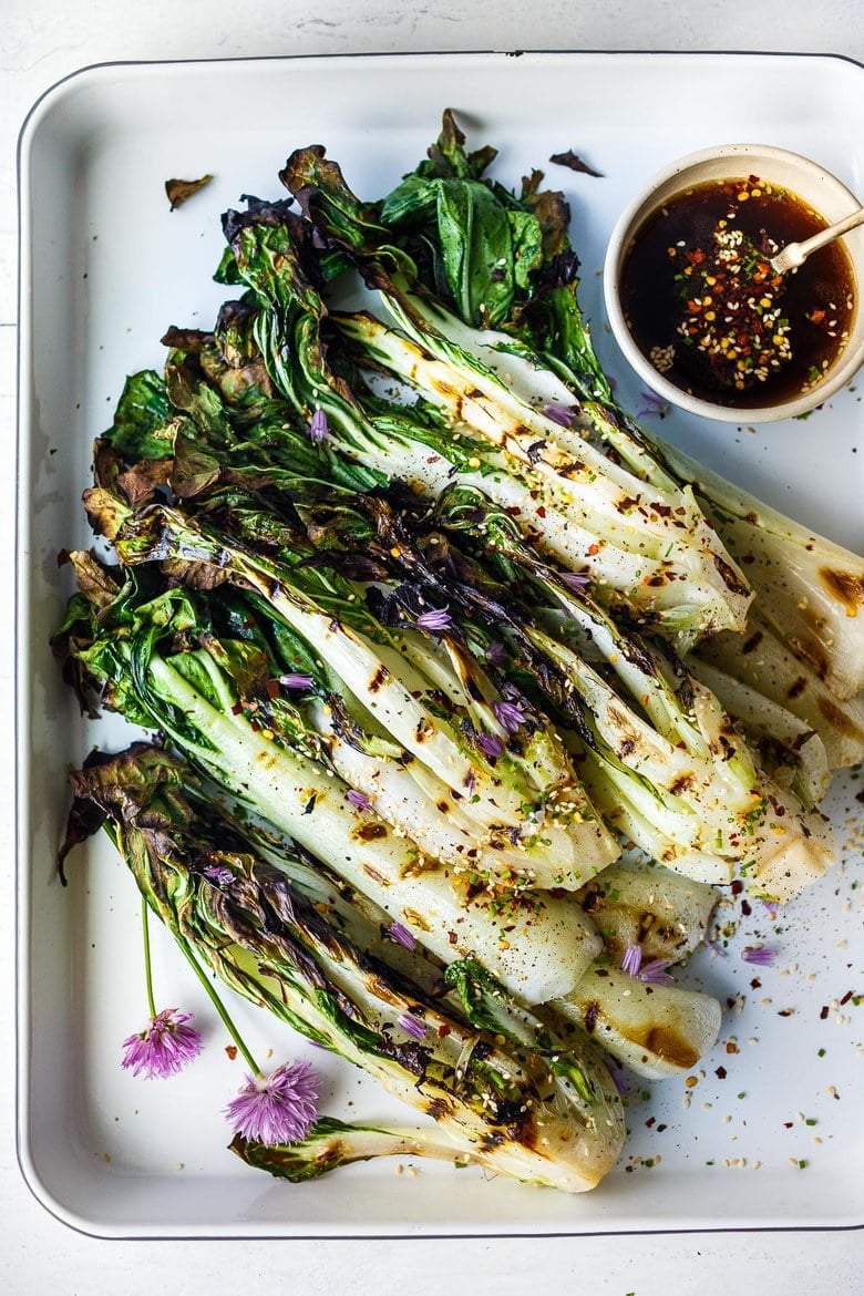 Succulent Grilled Bok Choy with flavorful Ponzu Sauce is tender and juicy with toasty savory flavor.  An easy side dish that is delicious and healthy!