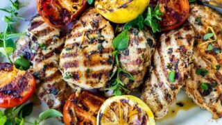 Skewered chicken marinated in lemon, parsley and garlic