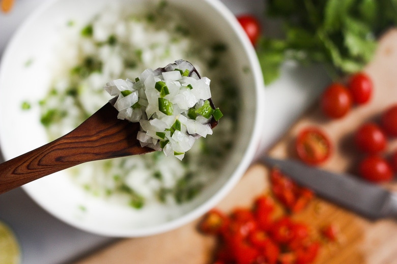 Diced onions and jalapeños and tomatoes